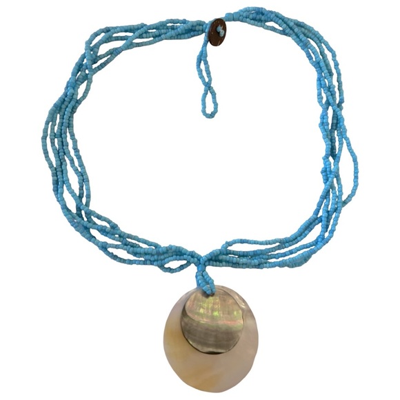 Blue Beaded Shell Pendant Necklace - Picture 2 of 7